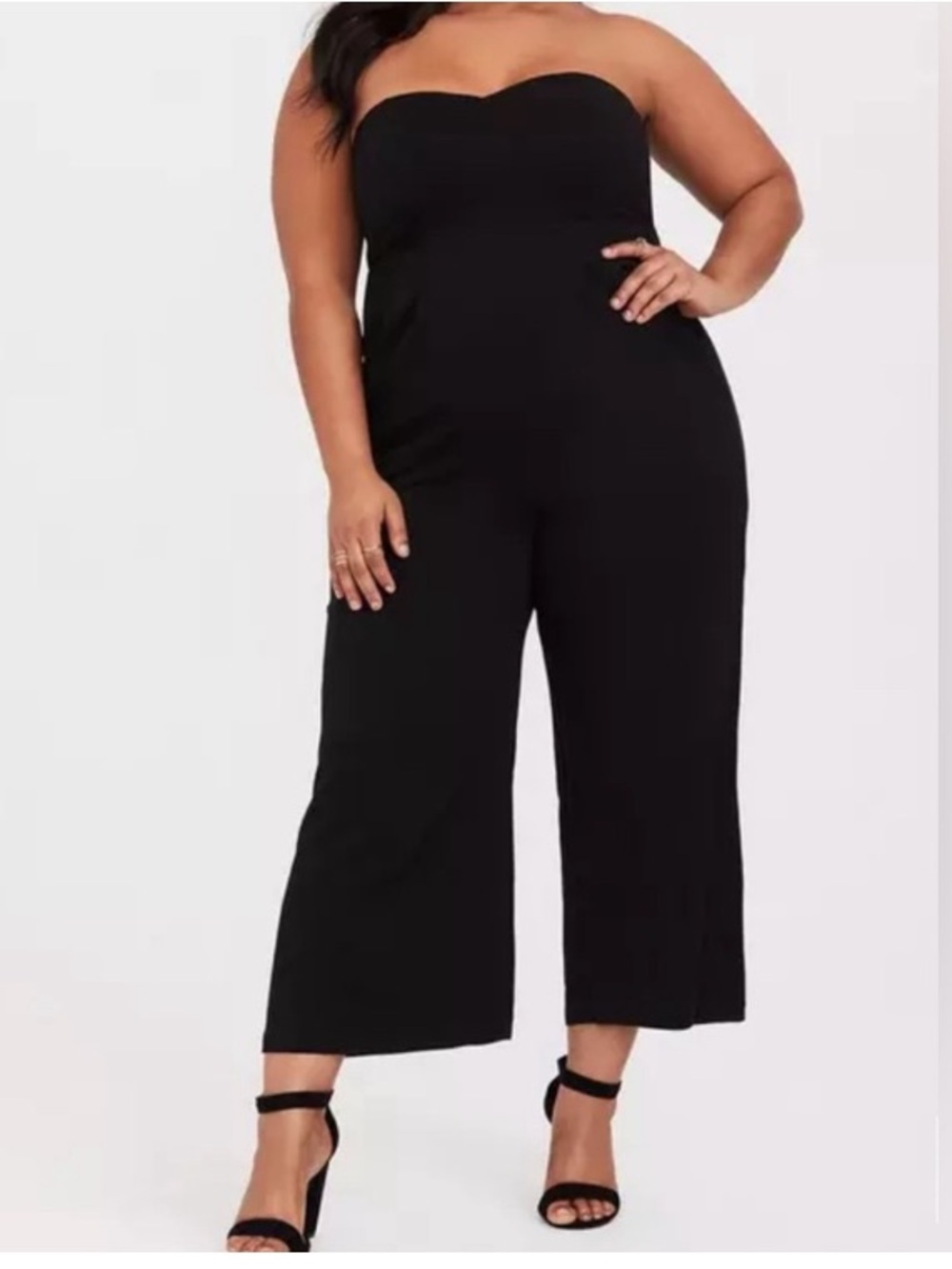 torrid Black Wide-Leg Tie-Waist Strapless Jumpsuit with Draped Bodice.